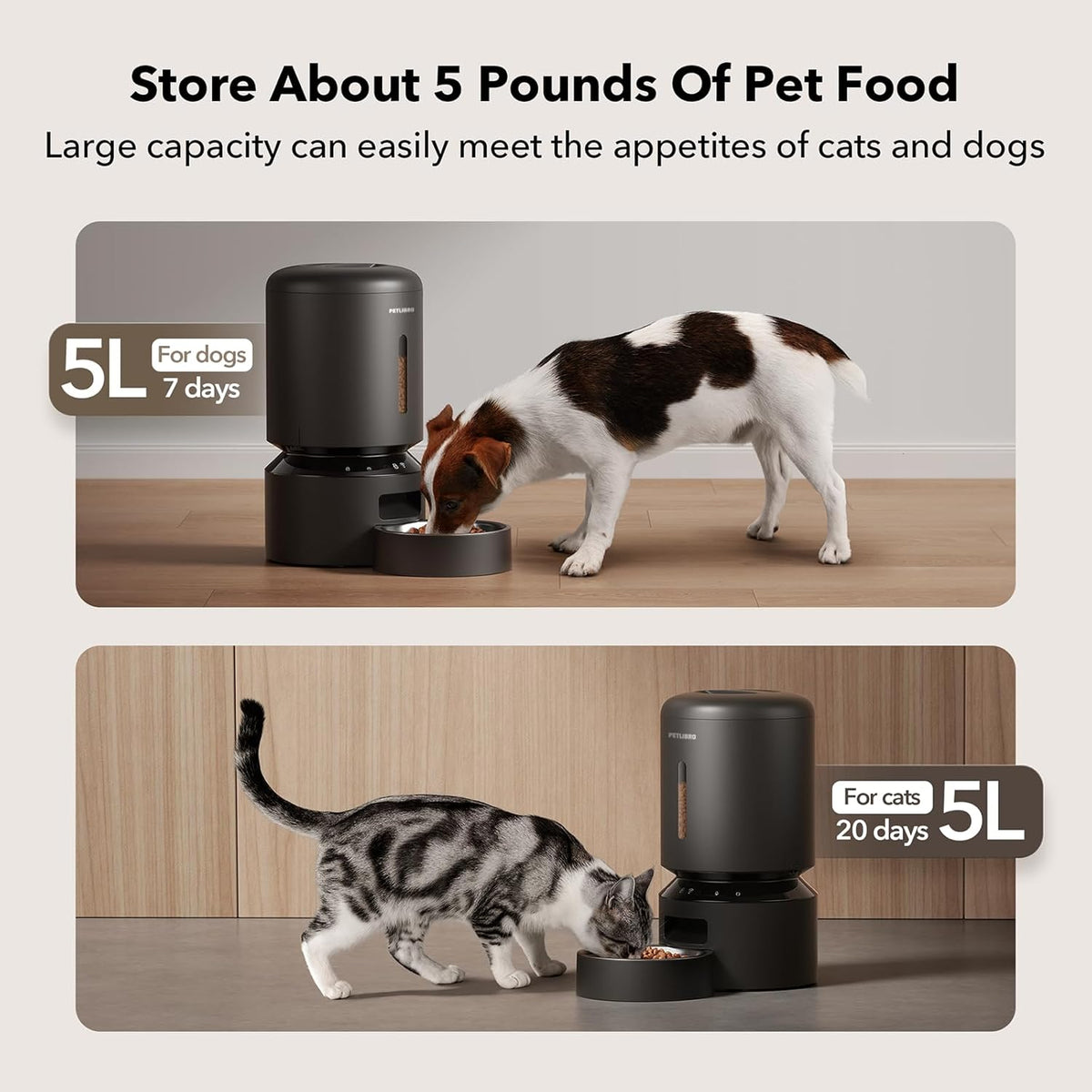 PETLIBRO Automatic Cat Feeder, 5G Wifi Pet Food Dispenser with Freshness Preservation, 5L Timed Feeder with Low Food Sensor, up to 10 Meals per Day, Granary Black