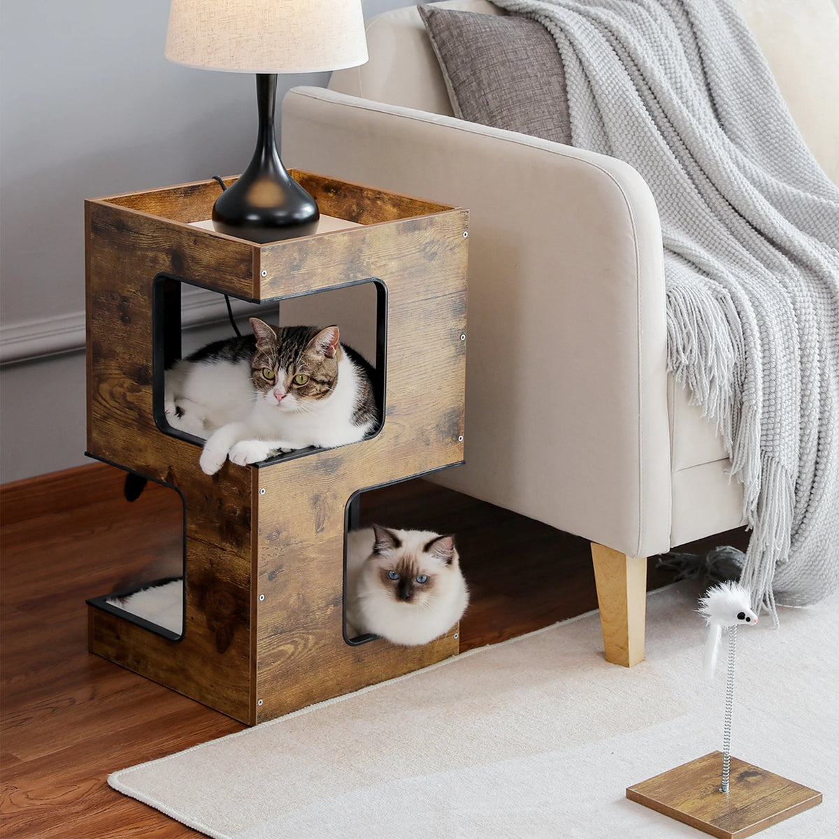 23-Inch Wood Cat House Furniture with Scratching Pad