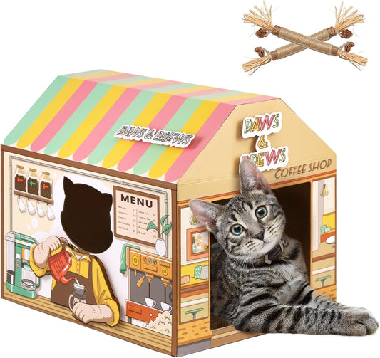 Cardboard Cat House with Scratcher & Catnip, Indoor/Outdoor Play Home