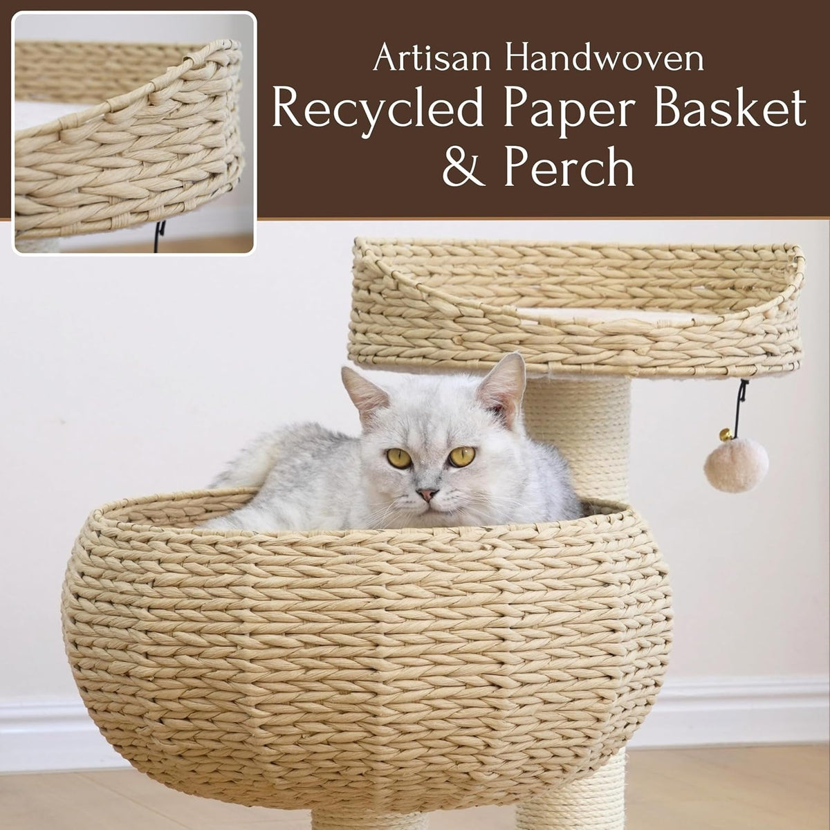Modern Handwoven Cat Tree with Beds & Sisal Posts