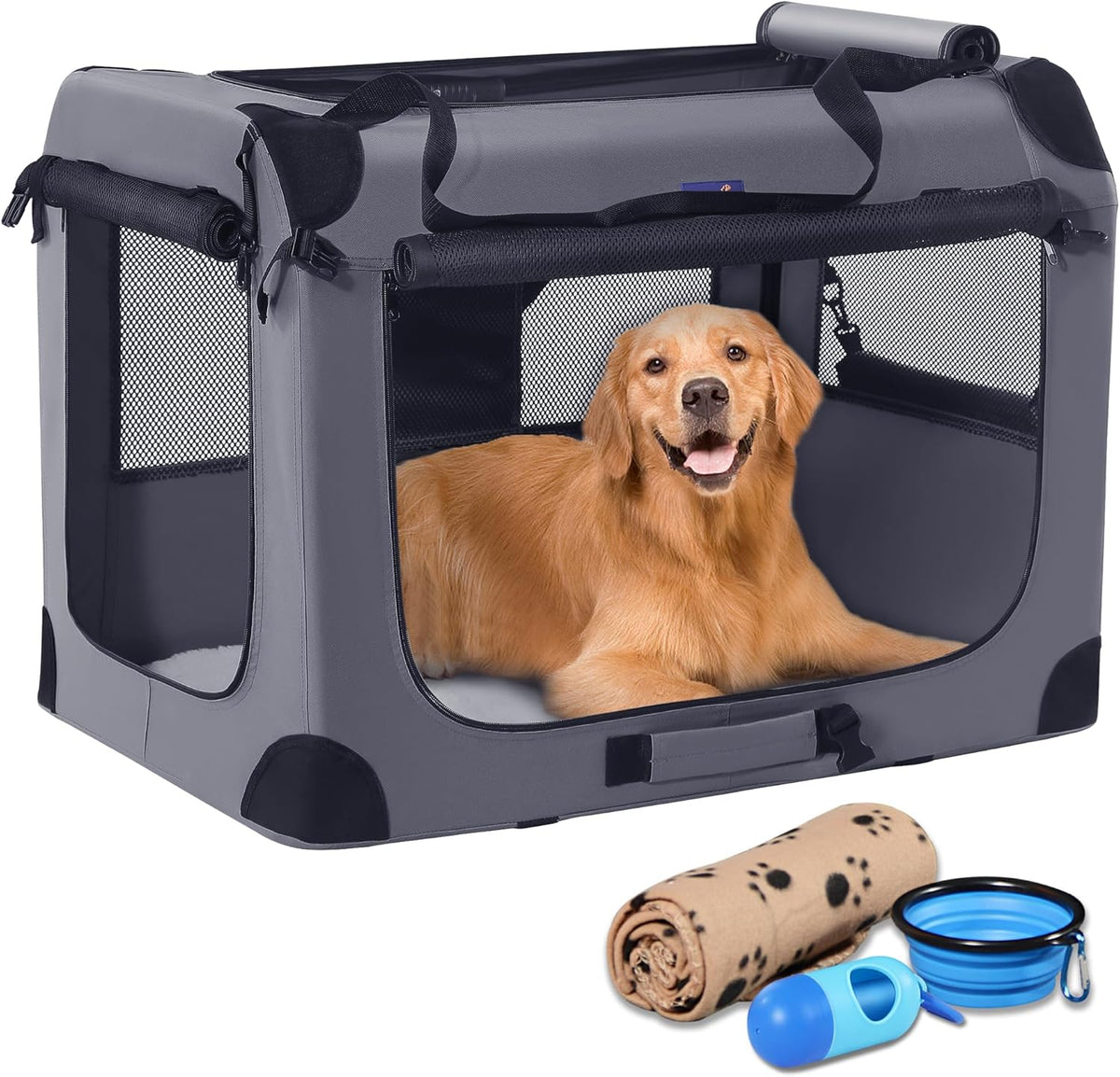 Portable Collapsible Dog Crate with Blanket & Foldable Bowl