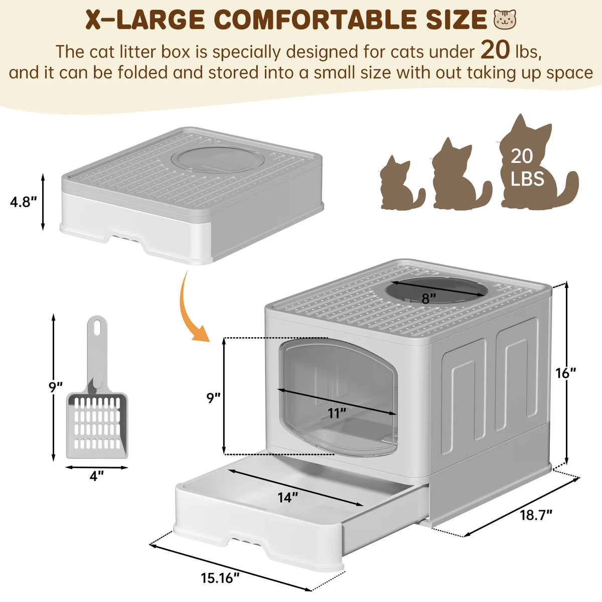 Cshidworld Large Foldable Cat Litter Box with Scoop, Front Entry Top Exit