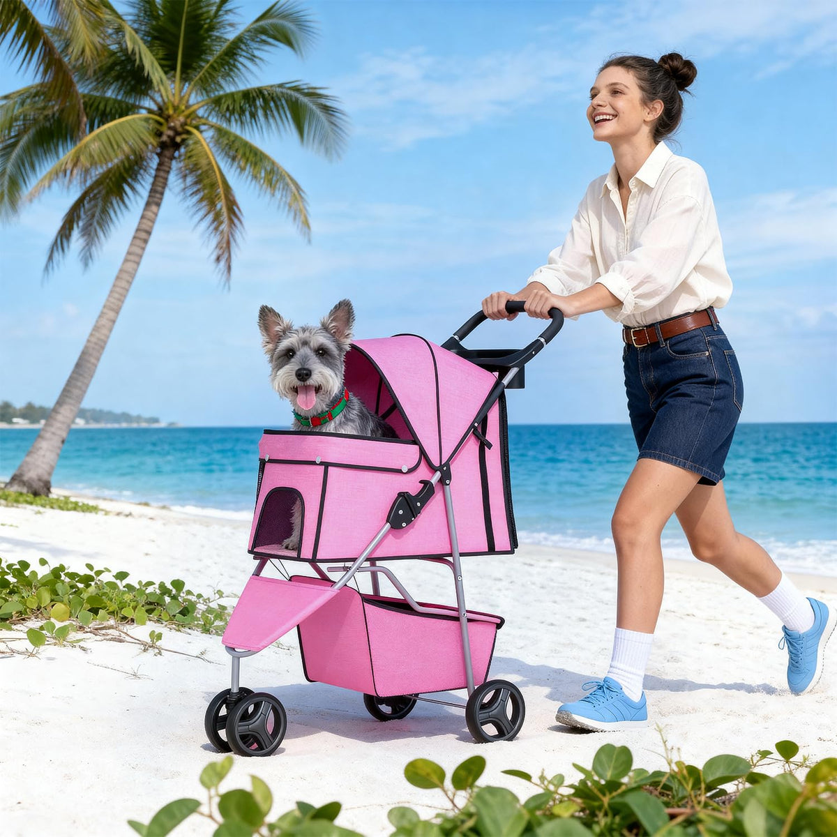 3-Wheel Folding Pet Stroller with Cup Holder