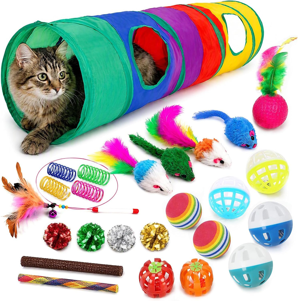 25-Piece Interactive Cat Toy Variety Pack with Rainbow Tunnel