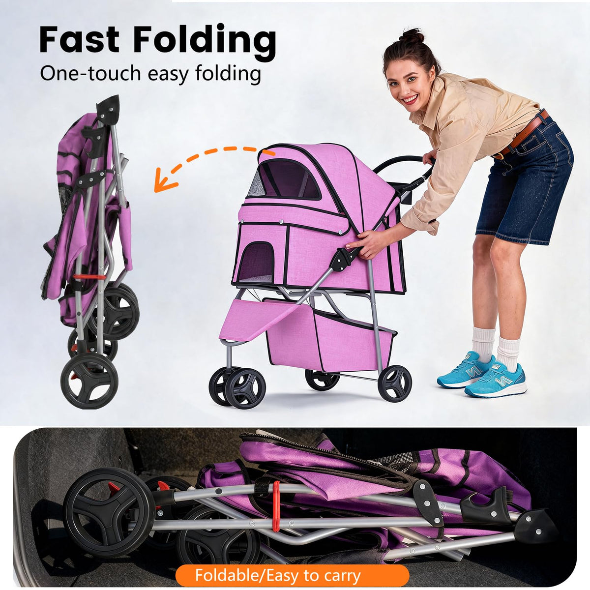 3-Wheel Folding Pet Stroller with Cup Holder