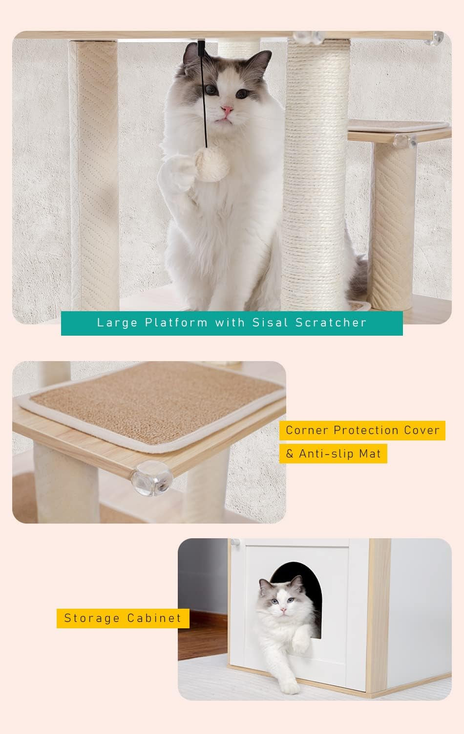 46-Inch Modern Cat Tower with Litter Box Enclosure & Hammock