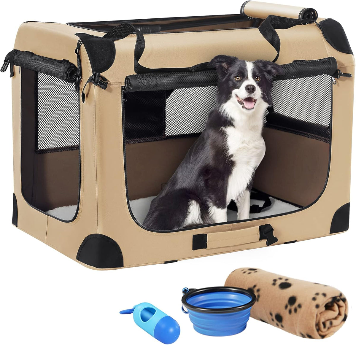 Portable Collapsible Dog Crate with Blanket & Foldable Bowl
