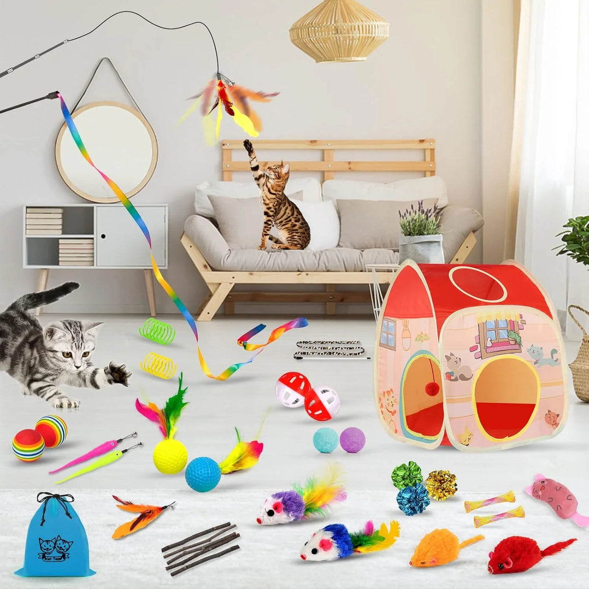 34-Piece Interactive Cat Toy Set with Collapsible Tunnel