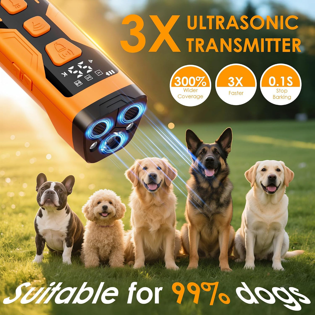 Anti Barking Device for Dogs, 3X Ultrasonic Dog Bark Deterrent Devices, 4 Frequencies 5 Training Modes 65Ft Safer Alternatives to Bark Collars, Portable Design with Display for All Dogs (Orange)
