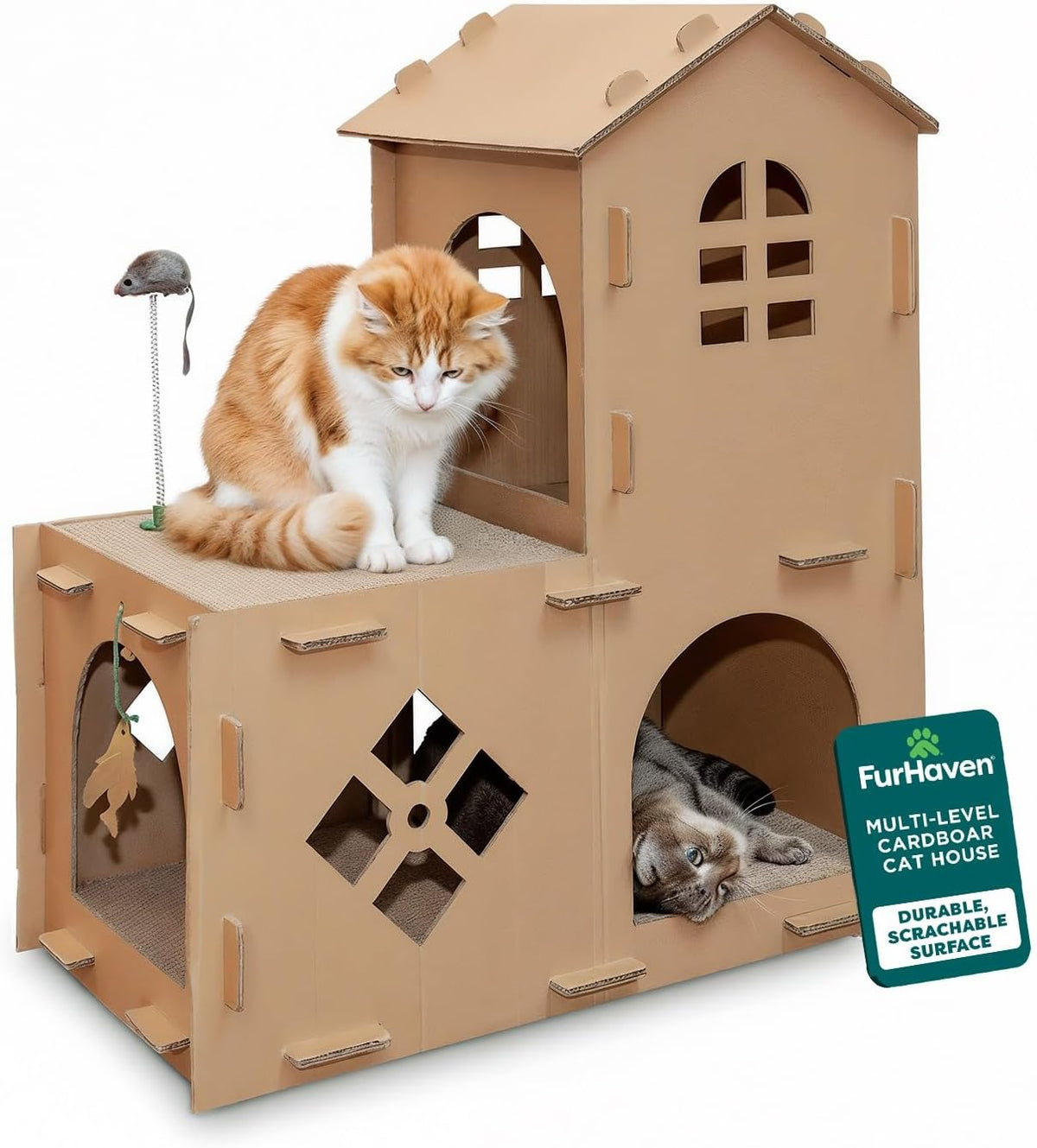 Furhaven Townhouse Cardboard Cat House with Catnip & Toys, Double-Walled Scratcher
