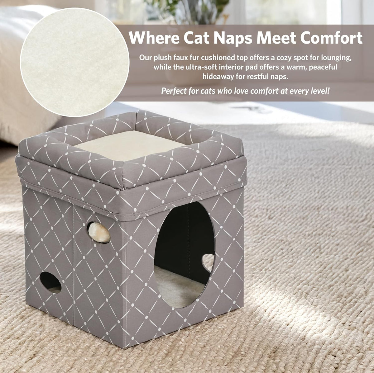 Midwest Feline Nuvo Curious Cat Cube, Foldable Hideout with Bolstered Bed