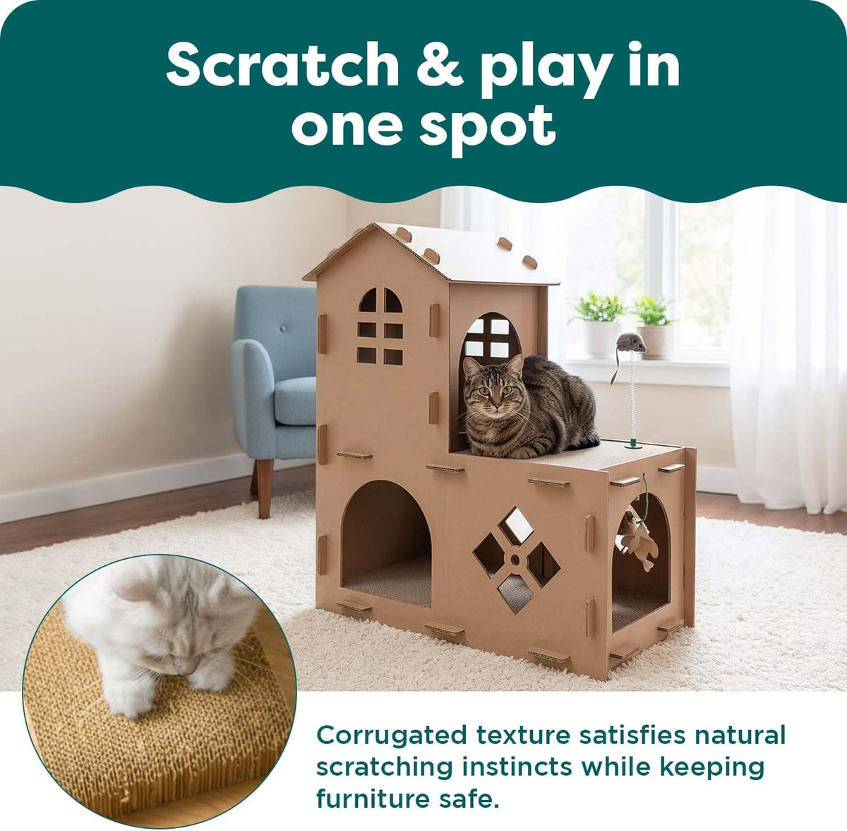 Furhaven Townhouse Cardboard Cat House with Catnip & Toys, Double-Walled Scratcher