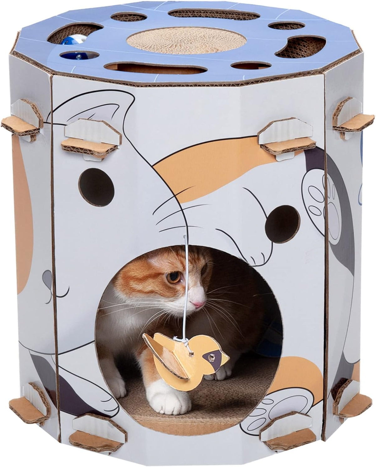 Furhaven Townhouse Cardboard Cat House with Catnip & Toys, Double-Walled Scratcher