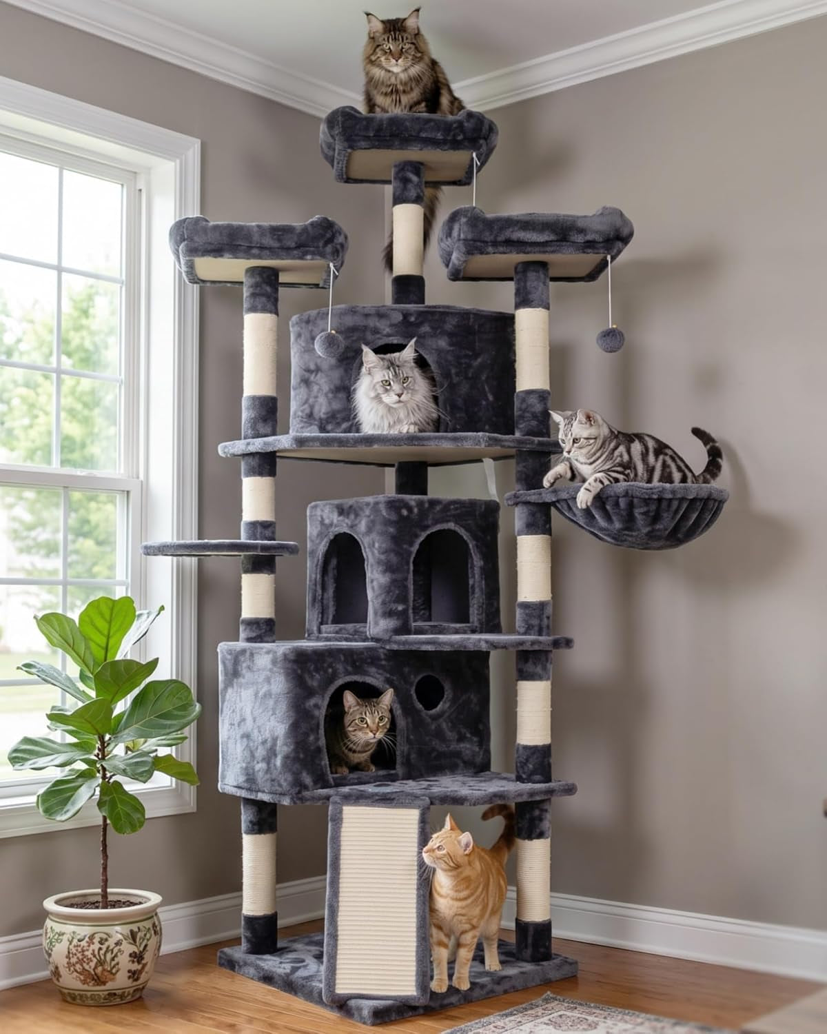 73.4-Inch XL Cat Tree with 3 Caves & Scratching Posts