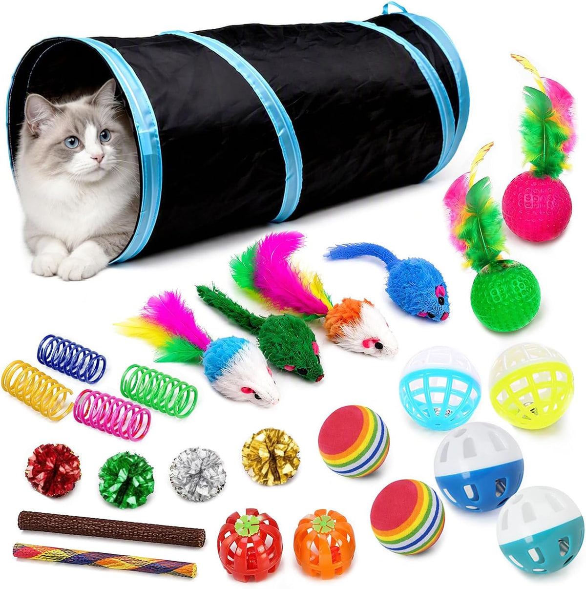 25-Piece Interactive Cat Toy Variety Pack with Rainbow Tunnel