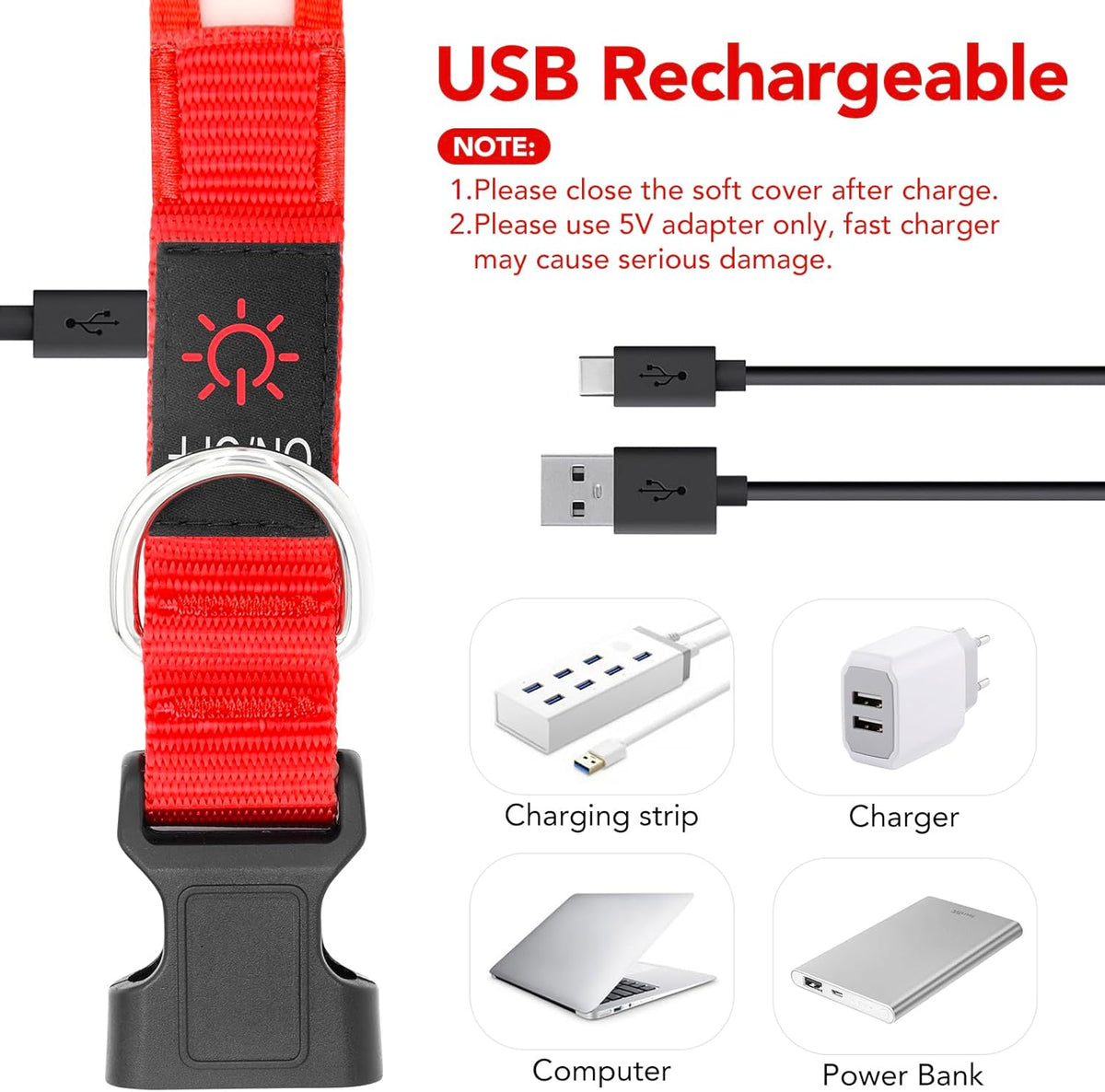 LED Dog Collar, Light up Dog Collar Adjustable USB Rechargeable