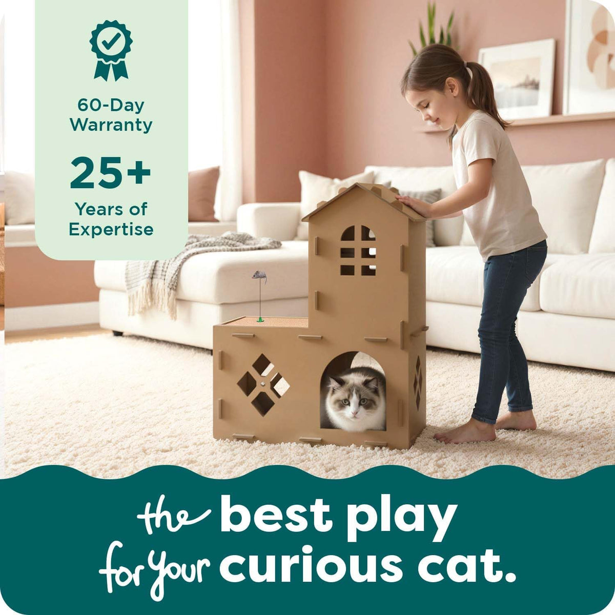 Furhaven Townhouse Cardboard Cat House with Catnip & Toys, Double-Walled Scratcher