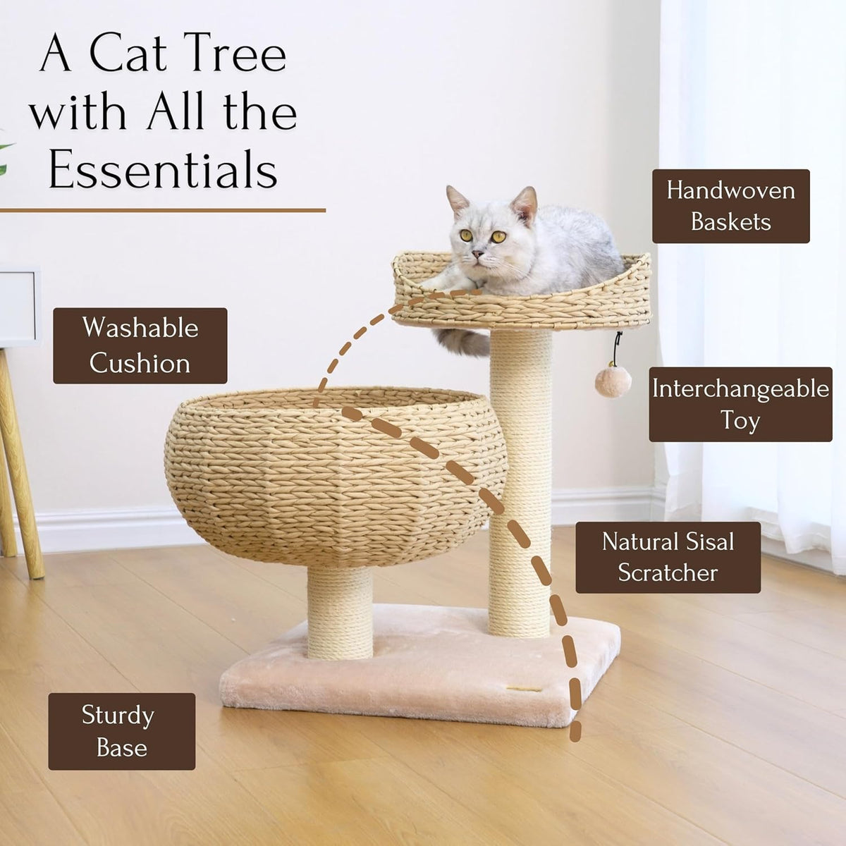 Modern Handwoven Cat Tree with Beds & Sisal Posts