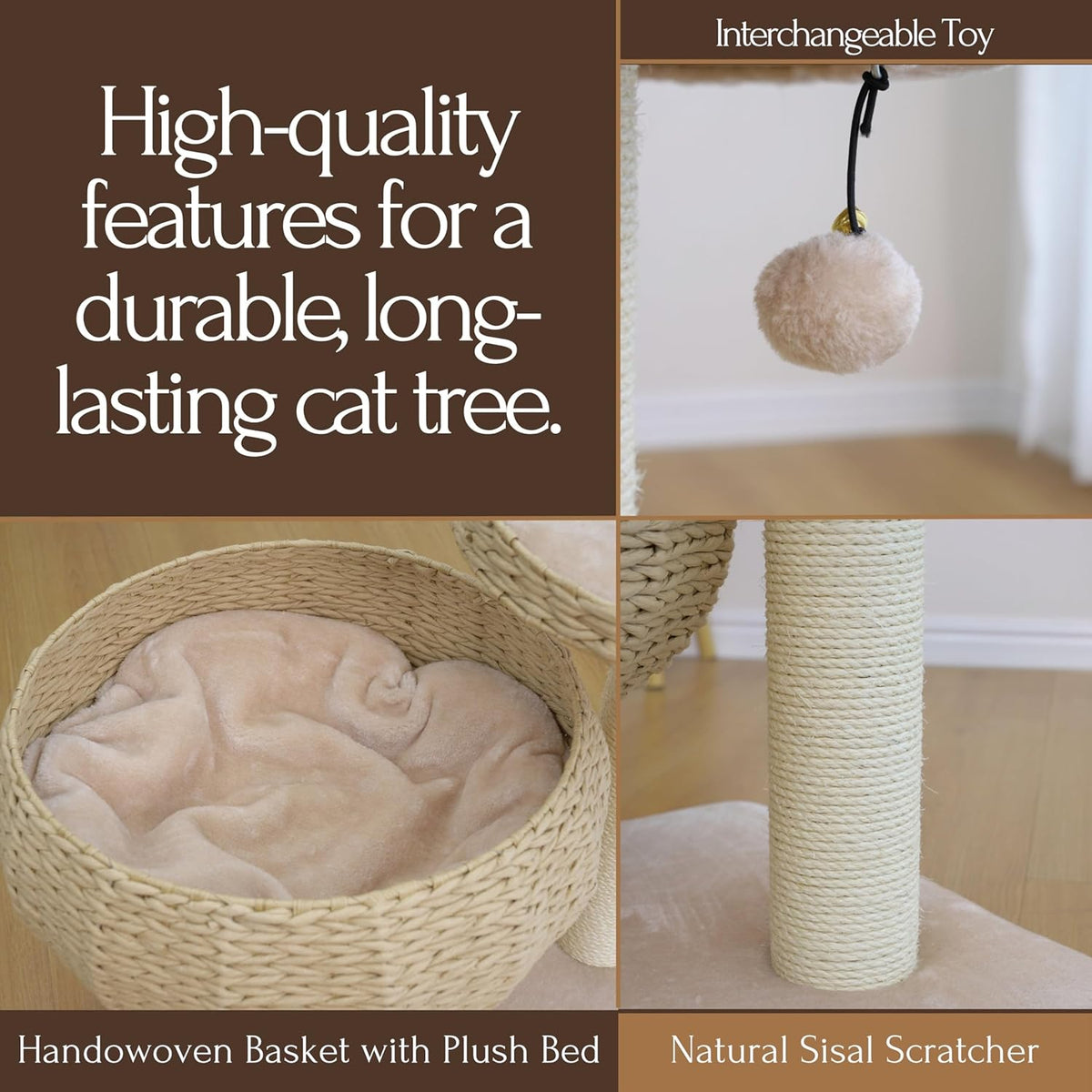 Modern Handwoven Cat Tree with Beds & Sisal Posts