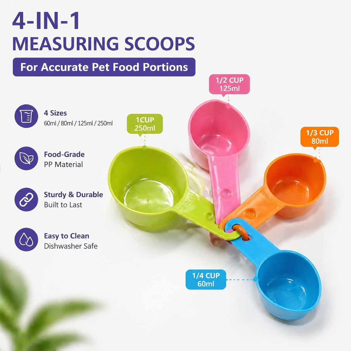 Pet Food Scoop Set of 4, Measuring Cups for Dogs & Cats
