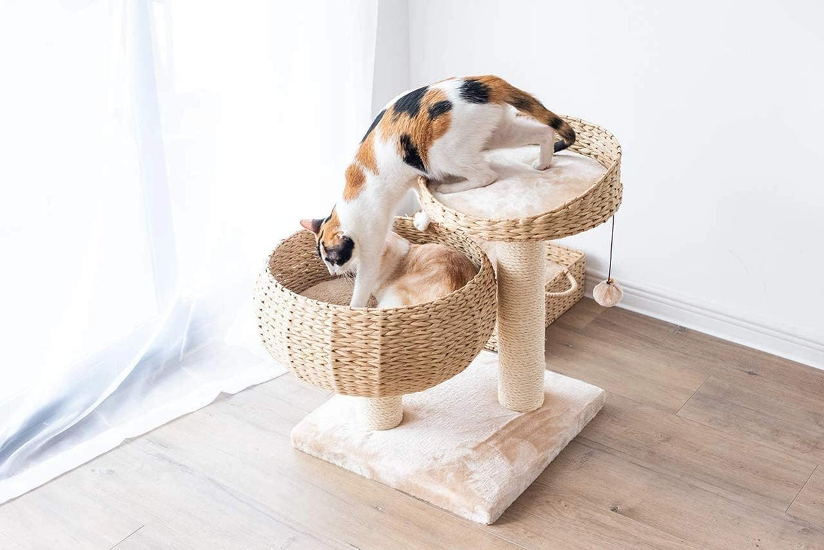 Modern Handwoven Cat Tree with Beds & Sisal Posts