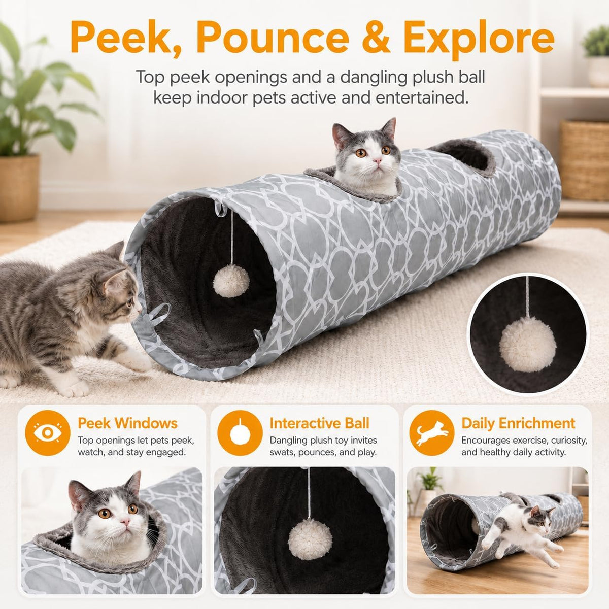 Geometric Straight Cat Tunnel with Plush Interior & Balls
