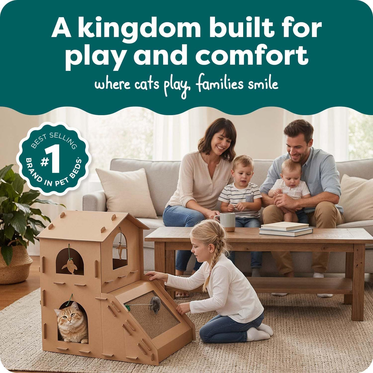 Furhaven Townhouse Cardboard Cat House with Catnip & Toys, Double-Walled Scratcher