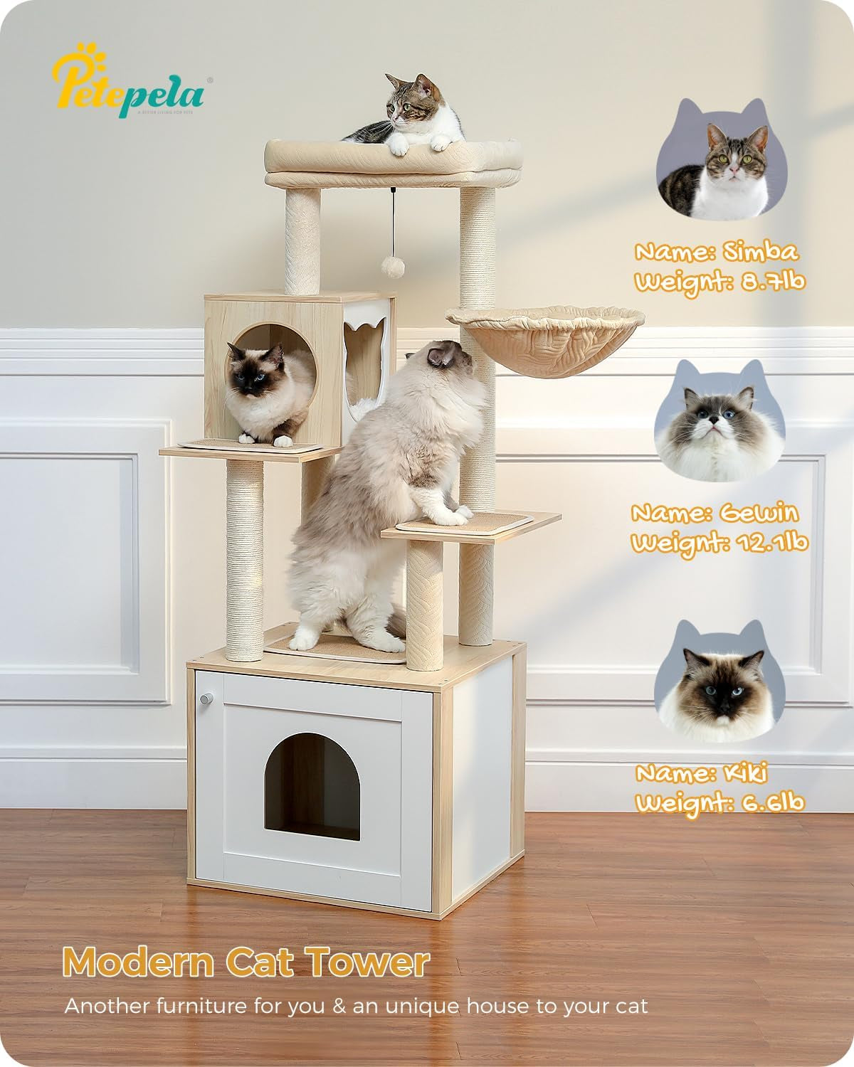 46-Inch Modern Cat Tower with Litter Box Enclosure & Hammock