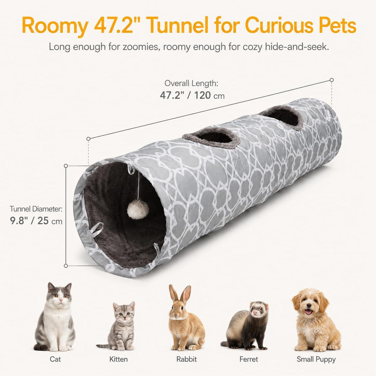 Geometric Straight Cat Tunnel with Plush Interior & Balls