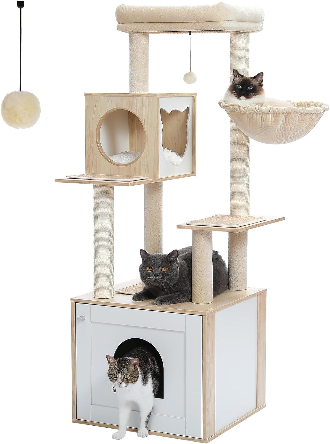46-Inch Modern Cat Tower with Litter Box Enclosure & Hammock