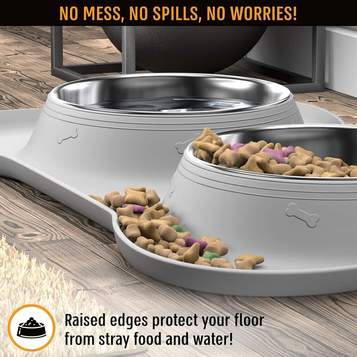 Stainless Steel No-Spill Dog Bowl Set with Silicone Mat