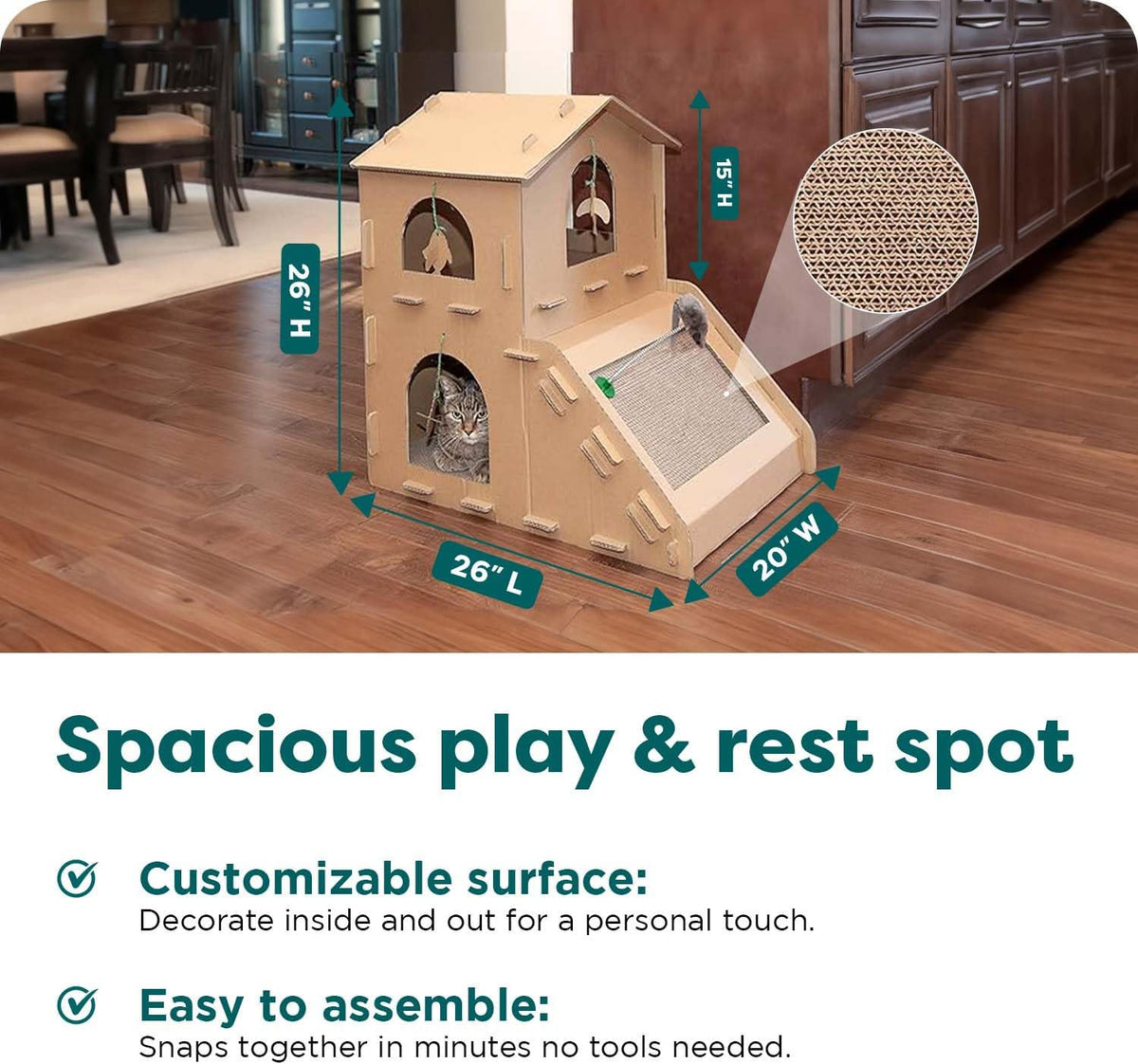 Furhaven Townhouse Cardboard Cat House with Catnip & Toys, Double-Walled Scratcher