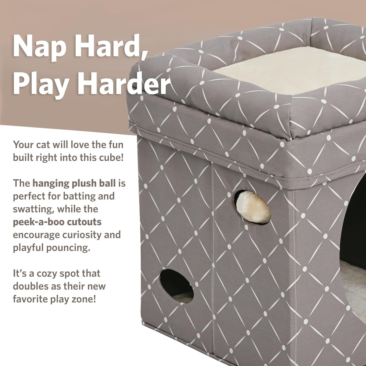 Midwest Feline Nuvo Curious Cat Cube, Foldable Hideout with Bolstered Bed