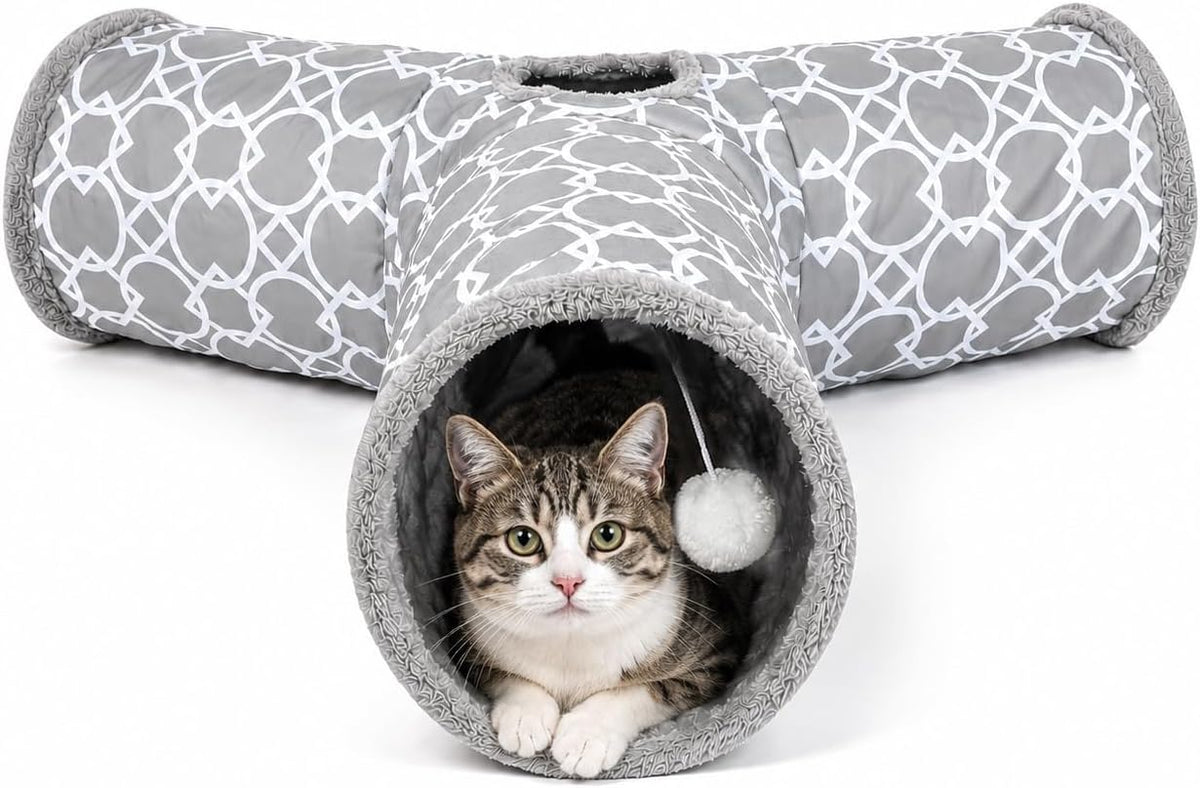 Geometric Straight Cat Tunnel with Plush Interior & Balls