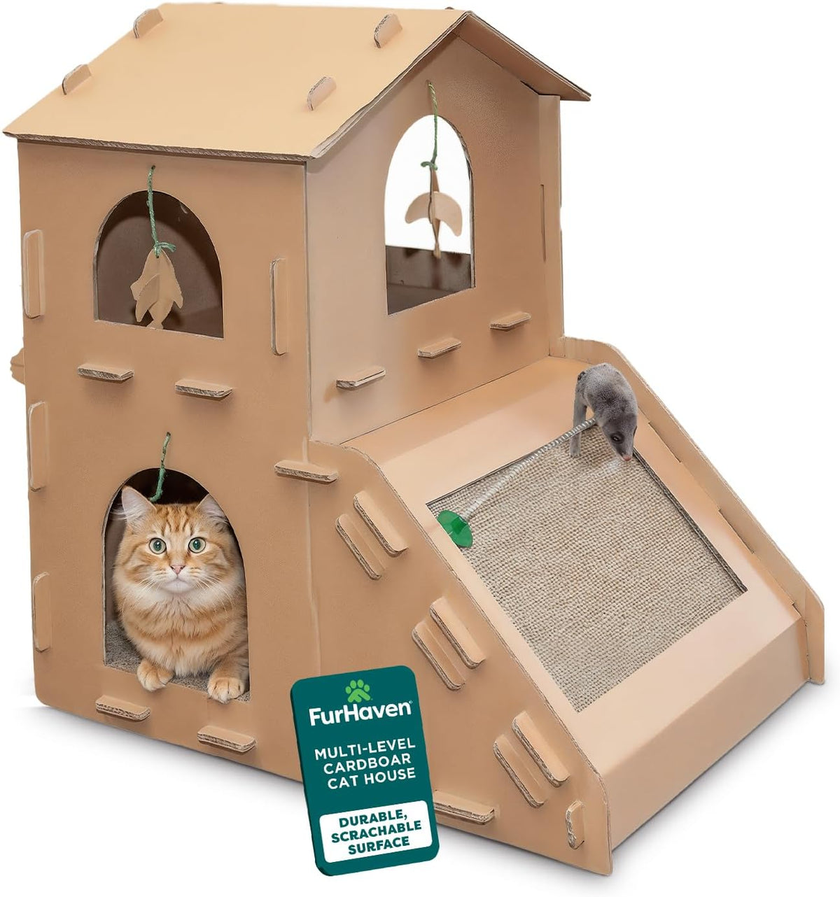 Furhaven Townhouse Cardboard Cat House with Catnip & Toys, Double-Walled Scratcher