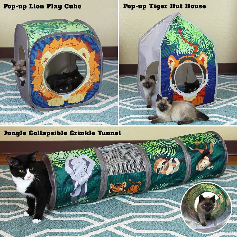 Safari Jungle Cat Play Set, Collapsible Pop-Up Cat Toys Combo