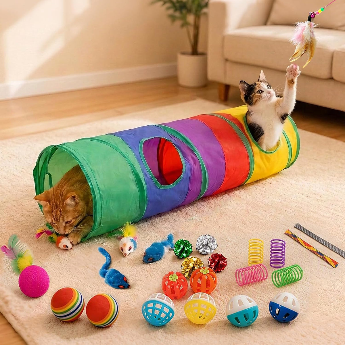 25-Piece Interactive Cat Toy Variety Pack with Rainbow Tunnel
