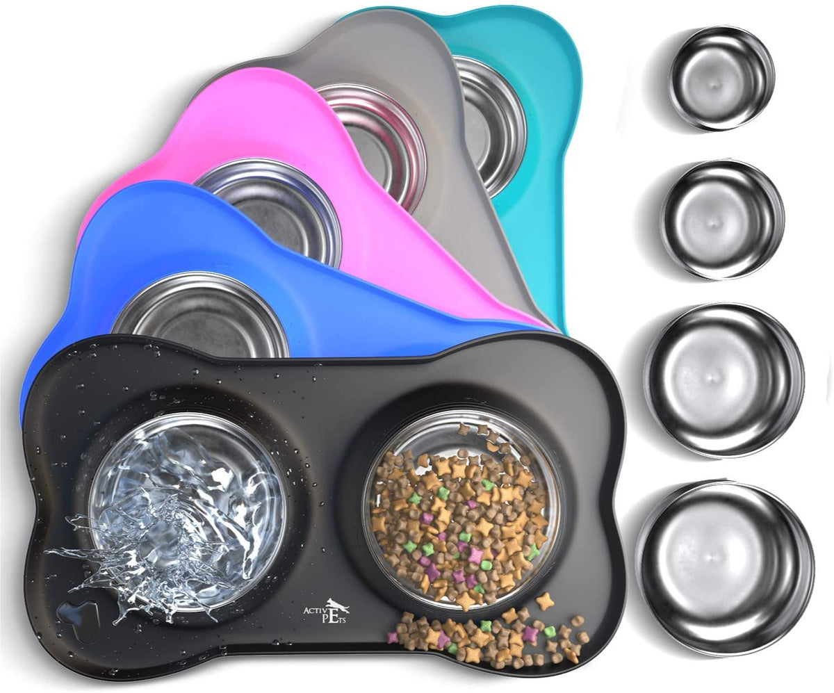 Stainless Steel No-Spill Dog Bowl Set with Silicone Mat