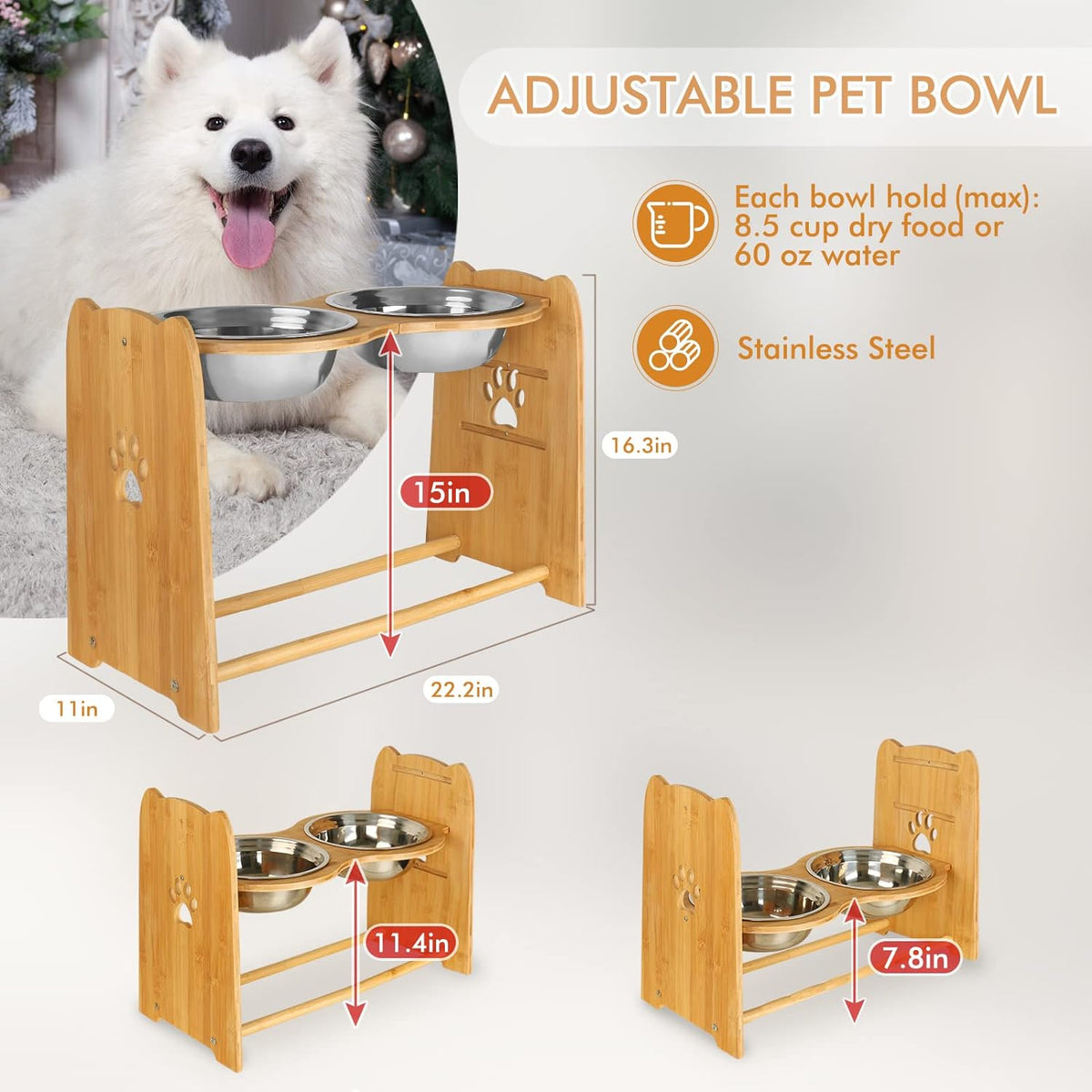X-ZONE PET Elevated Dog Bowls, Adjustable Bamboo Raised Feeder for Large Dogs