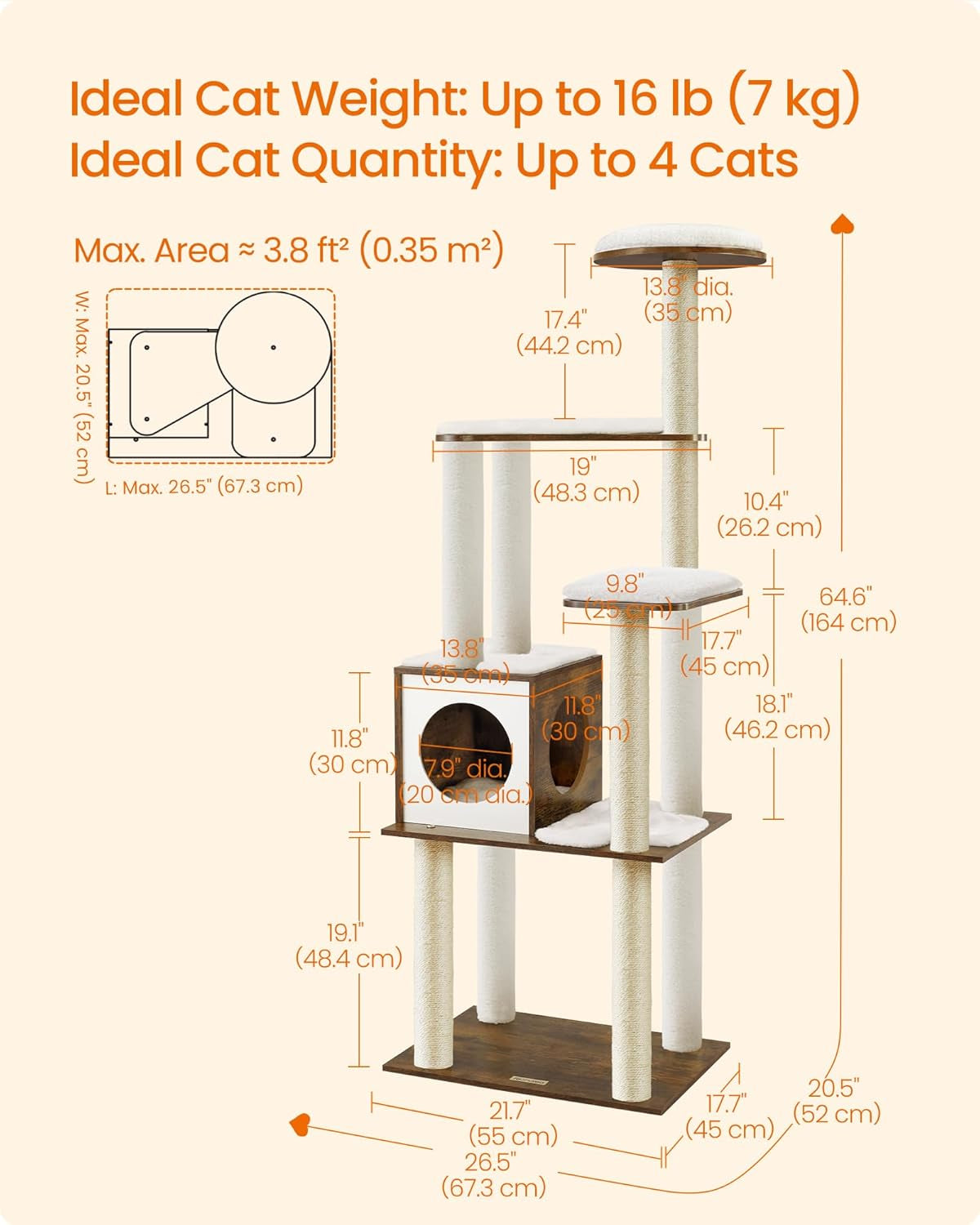 Cat Tree, 64.6-Inch Modern Cat Tower, Multi-Level Condo