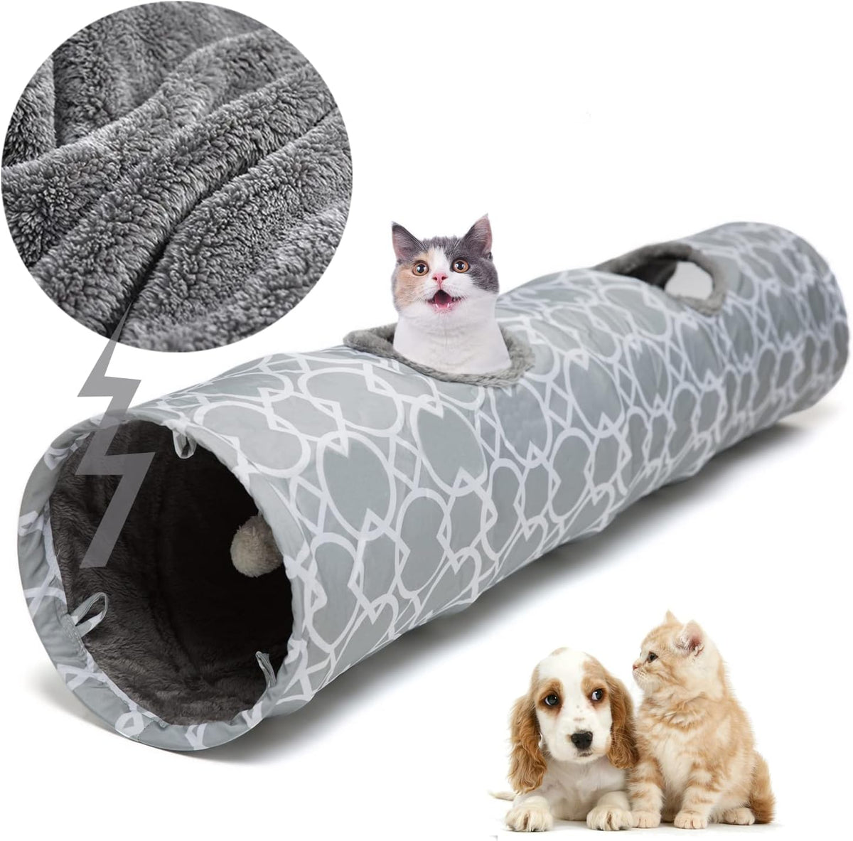 Geometric Straight Cat Tunnel with Plush Interior & Balls