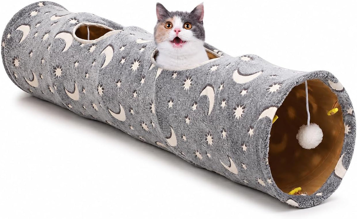 Cat Tunnel Tube with Plush Ball Toys Collapsible Self-Luminous