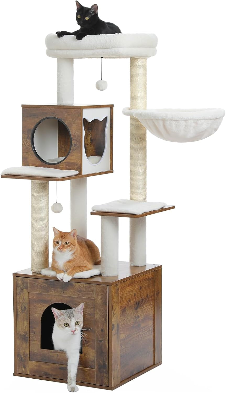 46-Inch Modern Cat Tower with Litter Box Enclosure & Hammock