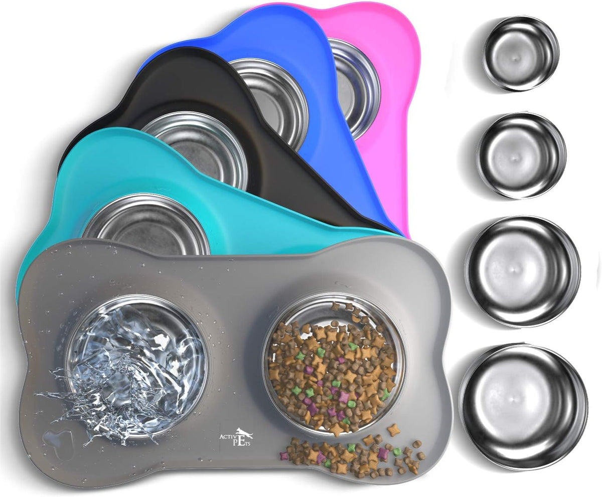 Stainless Steel No-Spill Dog Bowl Set with Silicone Mat