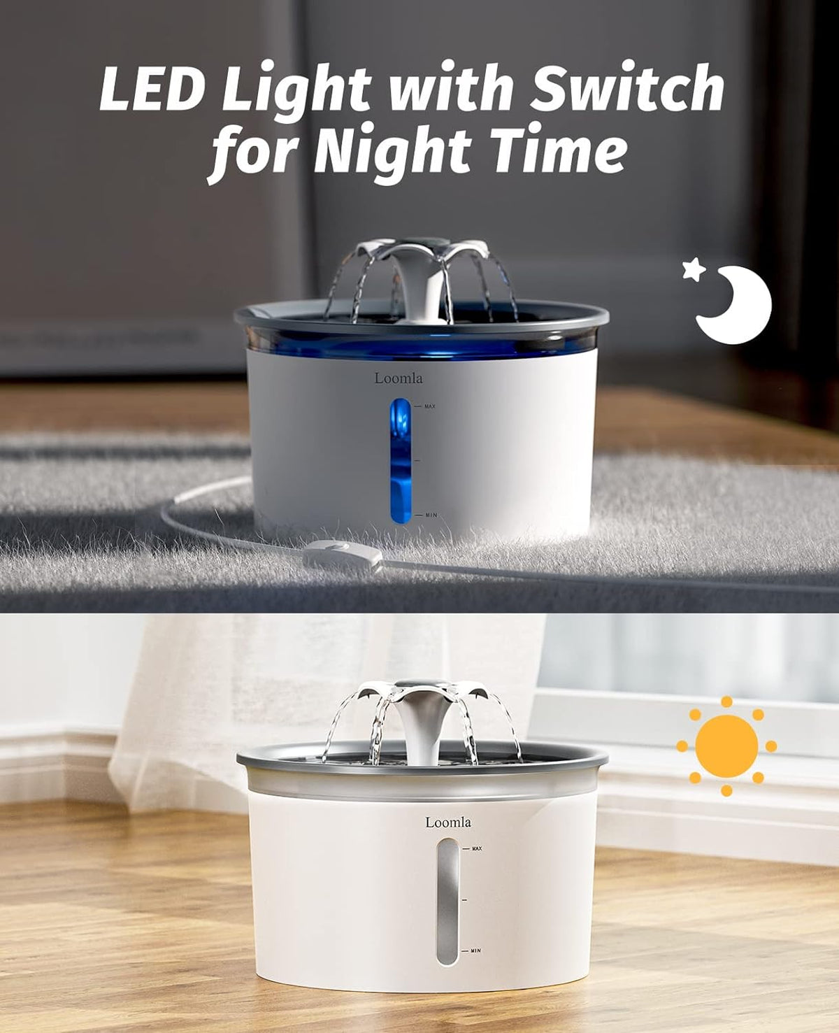 Cat Water Fountain, 85Oz/2.5L Pet Water Fountain Indoor with LED Lights