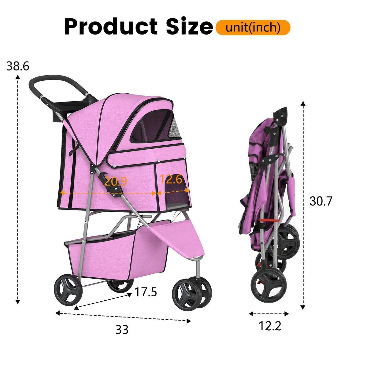 3-Wheel Folding Pet Stroller with Cup Holder