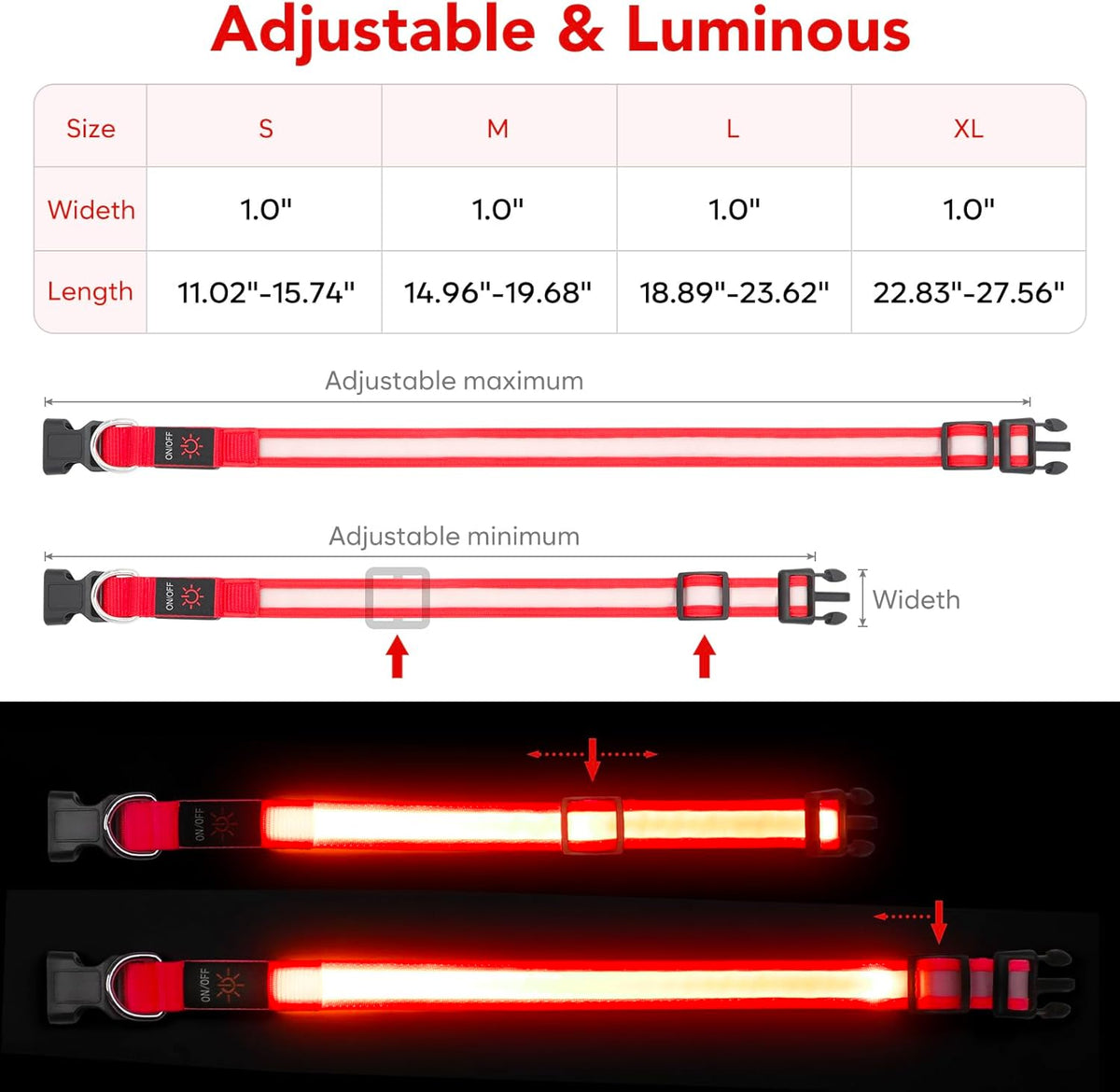 LED Dog Collar, Light up Dog Collar Adjustable USB Rechargeable
