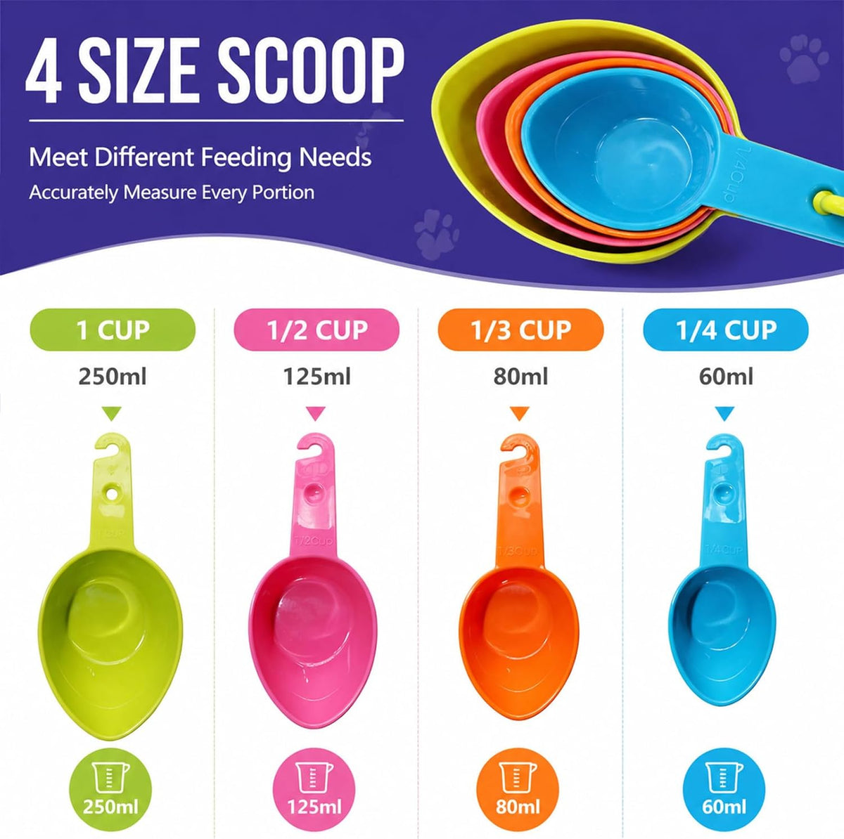 Pet Food Scoop Set of 4, Measuring Cups for Dogs & Cats