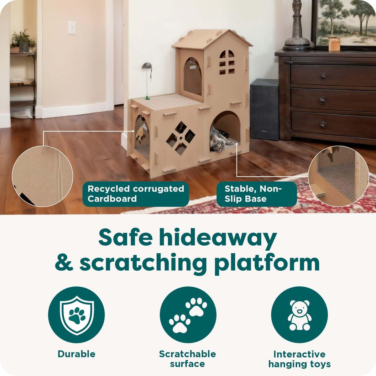Furhaven Townhouse Cardboard Cat House with Catnip & Toys, Double-Walled Scratcher