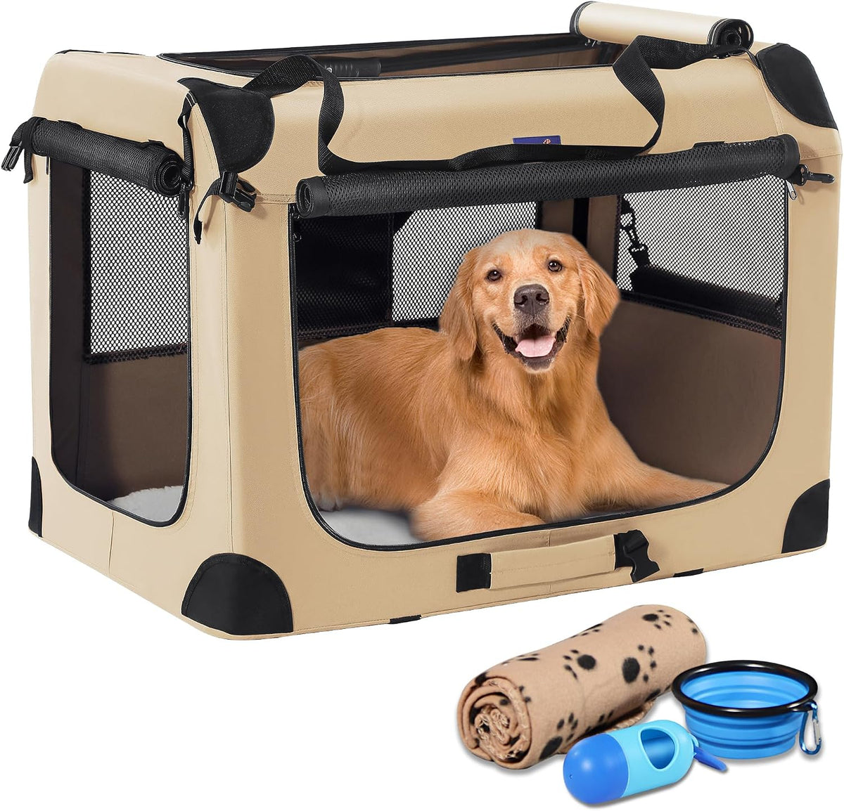 Portable Collapsible Dog Crate with Blanket & Foldable Bowl
